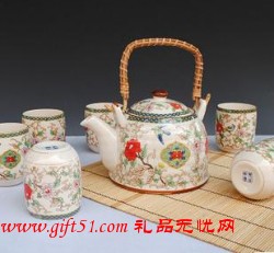 手提式陶瓷茶具（紅花朵）