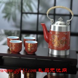 純錫坊紅瓷五彩云龍茶具六件套